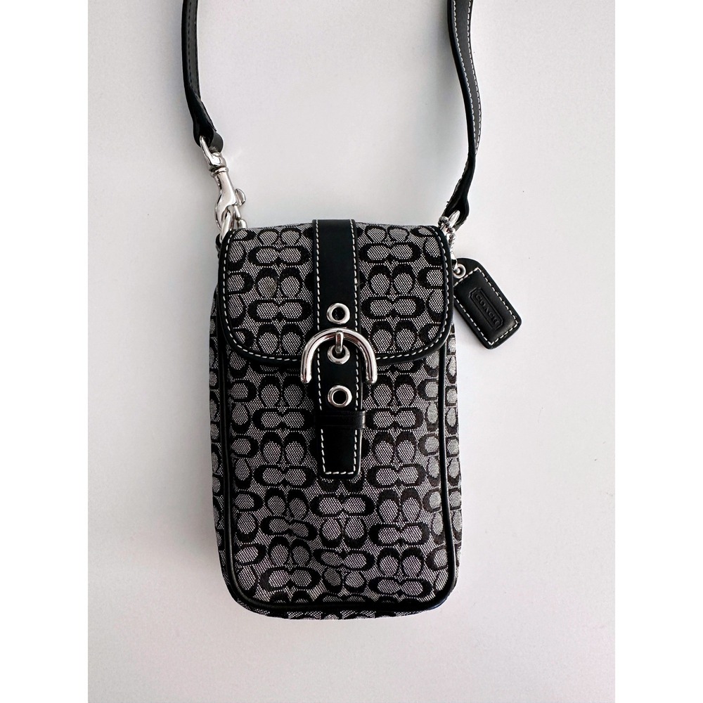 Coach Signature C Monogram Canvas Phone Crossbody Bag Black Tech Mini Purse Y2K